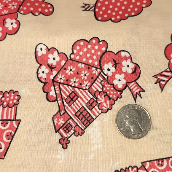 Vintage 44" x 63" Red Tan House Trees Floral Fabric Country Retro Originelle - Picture 2 of 11